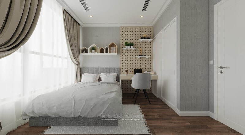 Thiết kế nội thất phòng ngủ nhà phố phong cách hiện đại, tone màu trắng  chủ đạo mang lại cảm giác thanh thoát, trẻ trung hơn cho căn phòng
